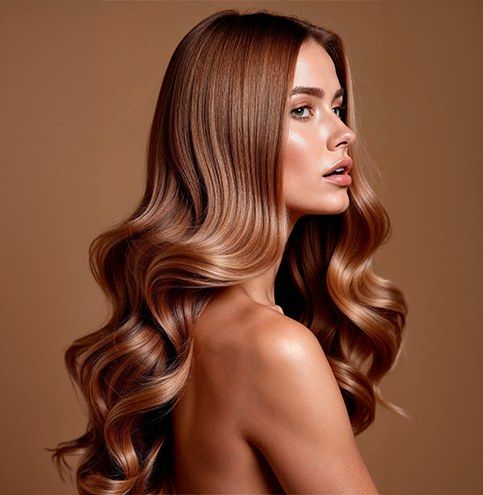 Donna con capelli lunghi mossi castano ramato
